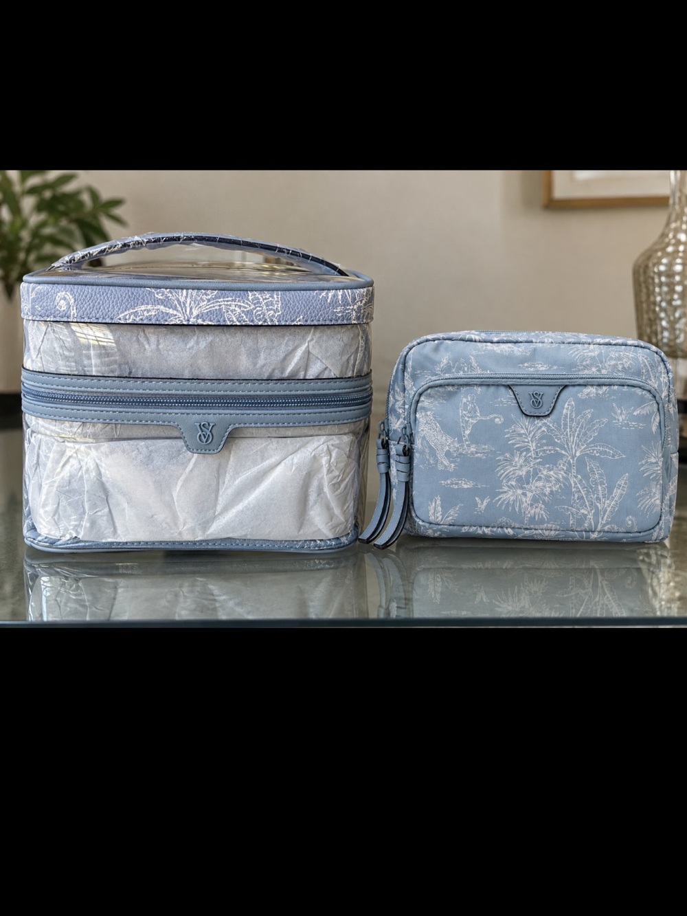 Victoria’s Secret Make-up Clear PVC Travel Toiletry Bags X2! NWT Blue/white Gift
